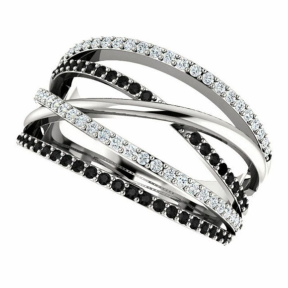 Multi Rows 925 Silver White & Black Sapphire Ring - Picture 2 of 5